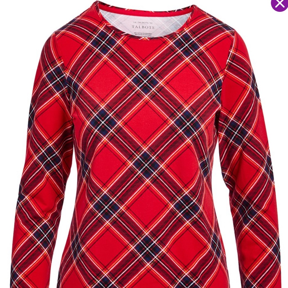Talbots Tee Red Plaid Long Sleeve Top Size XS Cotton Blend Shirt Retail $44